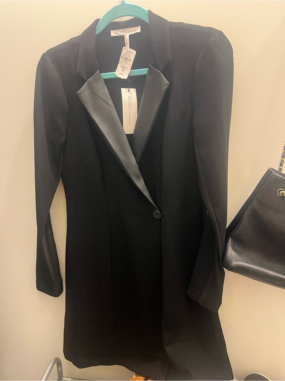 BCBGeneration Black Long Blazer with Satin Notch Lapel
